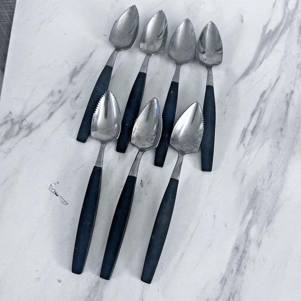 Vintage MCM Grapefruit Spoon Stainless Black Composite Japan Flatware Lot of 7 A